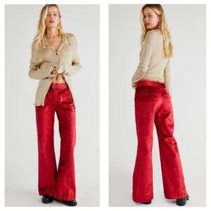 Free People Walk With You Velvet Flare Trouser in Cherry Juice Red Size 8